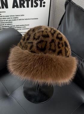 豹纹毛绒蒙古帽子女冬季时尚洋气保暖套头帽显脸小东北防寒地主帽