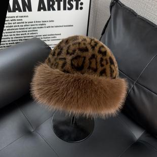 豹纹毛绒蒙古帽子女冬季时尚洋气保暖套头帽显脸小东北防寒地主帽