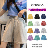 女夏季 薄款 宽松休闲阔腿高腰直筒a字显瘦5五分裤 黑色纯棉短裤 中裤