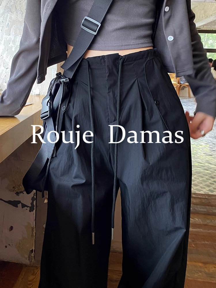 ROUJE DAMAS 블랙 캐주얼 다목적 와이드 레그 오버올 여성용 하이 웨이스트 슬림 드레이프 스포츠 바지 롱 팬츠