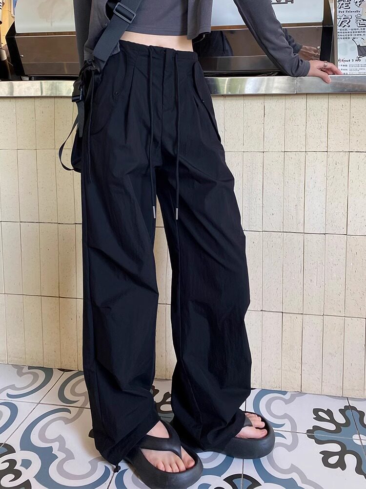 ROUJE DAMAS 블랙 캐주얼 다목적 와이드 레그 오버올 여성용 하이 웨이스트 슬림 드레이프 스포츠 바지 롱 팬츠