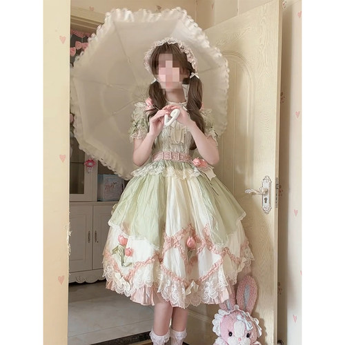 绿粉花朵优雅华丽大小姐OP连衣裙