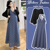 孕妈宽松格子挂脖裙开衫 韩版 两件套女 春秋2026新款 孕妇连衣裙套装