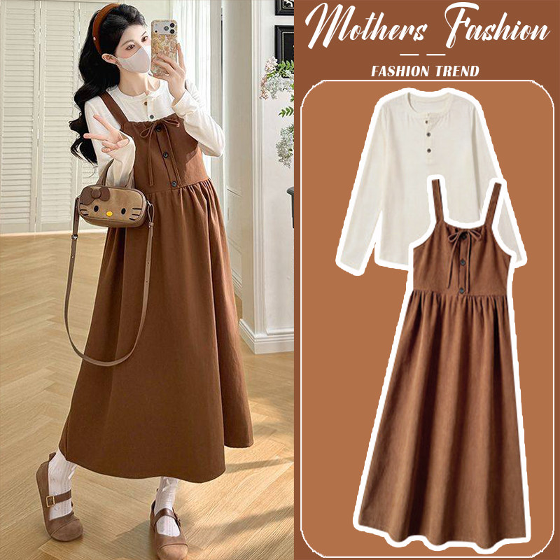 孕妇连衣裙套装春秋2026新款孕妈卡其咖抽绳遮肚背带裙上衣两件套