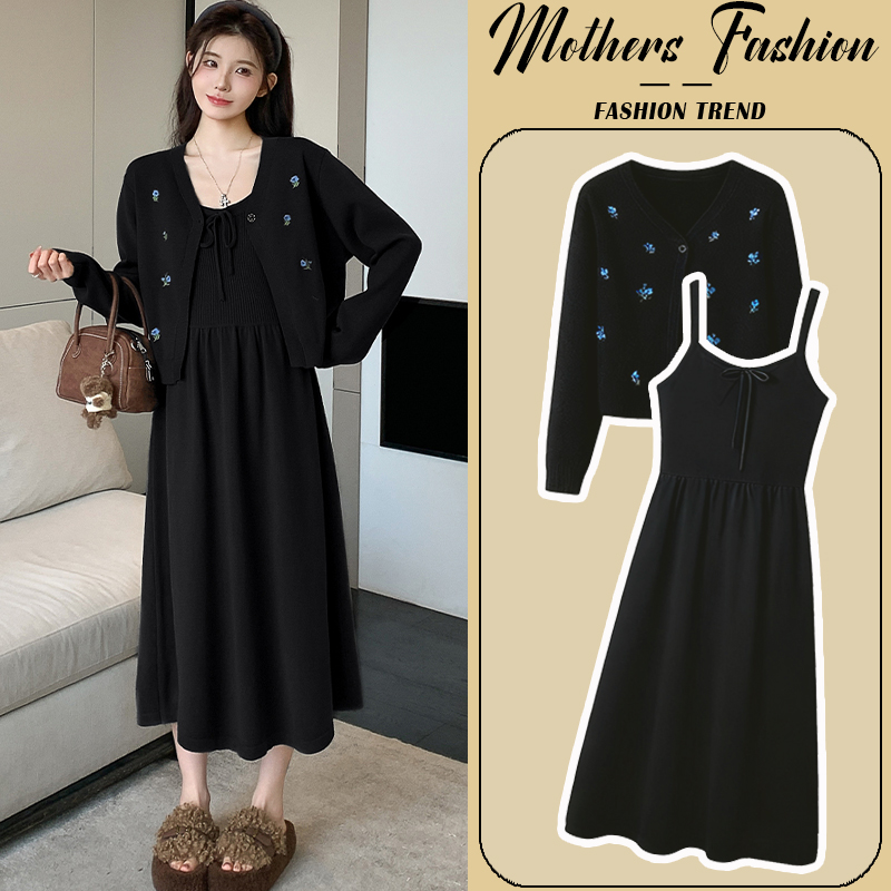 孕妇连衣裙黑色套装秋冬2025新款