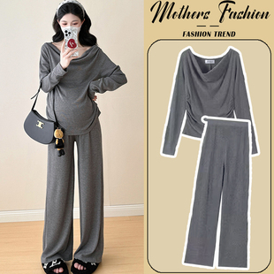 慵懒风潮妈洋气遮肚上衣裤 时尚 子两件套 春秋2025新款 孕妇灰色套装