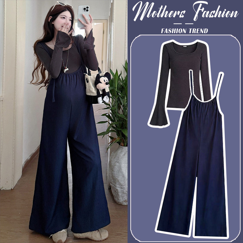 孕妇藏青色套装春秋2026新款宽松慵懒风孕期穿搭潮妈背带裤两件套