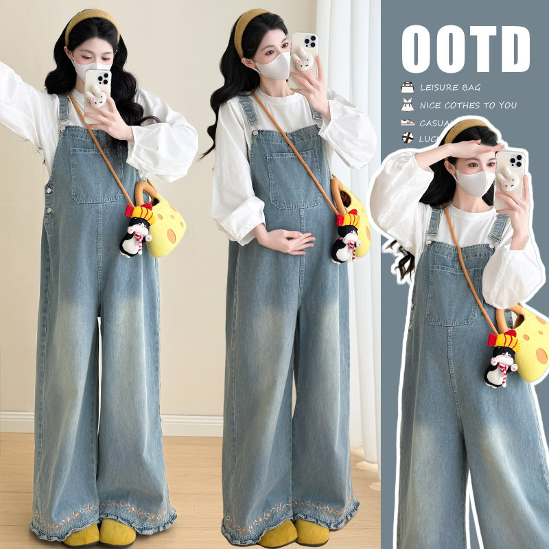 孕妇套装春秋2026新款复古水洗蓝刺绣木耳边牛仔背带裤直筒休闲女,孕妇装/孕产妇用品/营养,连衣裙,淘宝优惠券,粉丝福利购,淘宝优惠卷