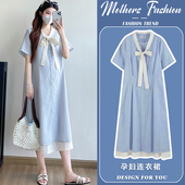 宽松甜美条纹单排扣蕾丝假两件中长款 韩版 2026新款 孕妇连衣裙夏季