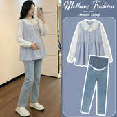 上衣牛仔裤 孕妇套装 减龄蓝色拼接娃娃衫 韩版 两件套女 春秋2026新款