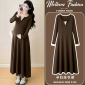 褐色A字裙中长款 孕妇连衣裙春秋季 高级感宽松长袖 韩版 女 2026新款