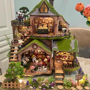 森林小屋手工拼装 饰摆件 微缩房子模型古风别墅阁楼小院木质积木装