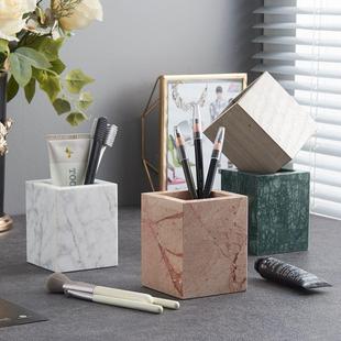 简约天然大理石笔筒收纳盒客厅桌面创意化妆筒轻奢收纳筒高级感