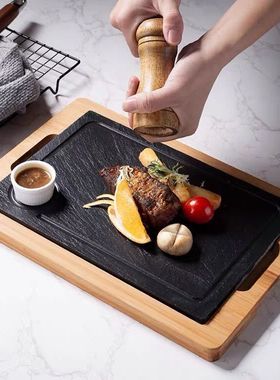 西餐厅牛排盘石板竹木托盘高级感黑色石头保温盘精致料理岩石餐具