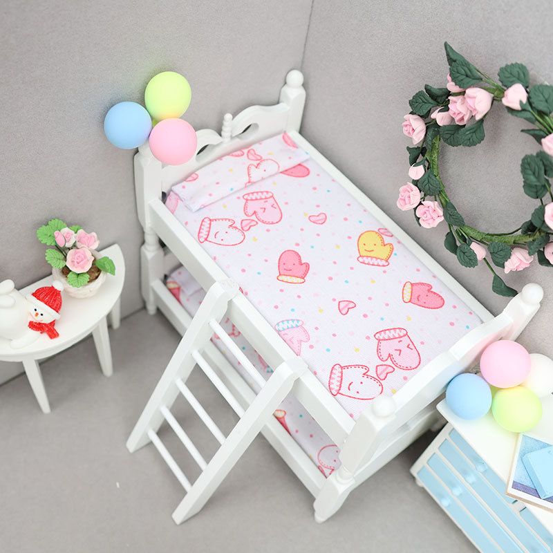 1:12娃娃屋dollhouse迷你家具模型儿童房场景木质双层床玩具叠床
