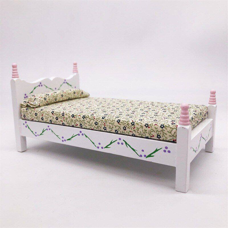 1:12bjd迷你娃娃屋袖珍家具dollhouse12分木质床印花小床模型摆件