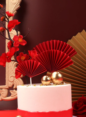 中式红色折扇蛋糕装饰金球梅花烘焙插牌老人祝寿生日蛋糕插件用品