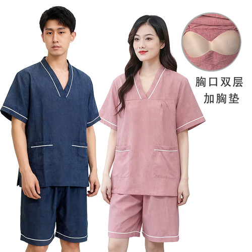 汗蒸服男2025新款仿麻大码女款双层胸垫桑拿服美容院按摩浴服