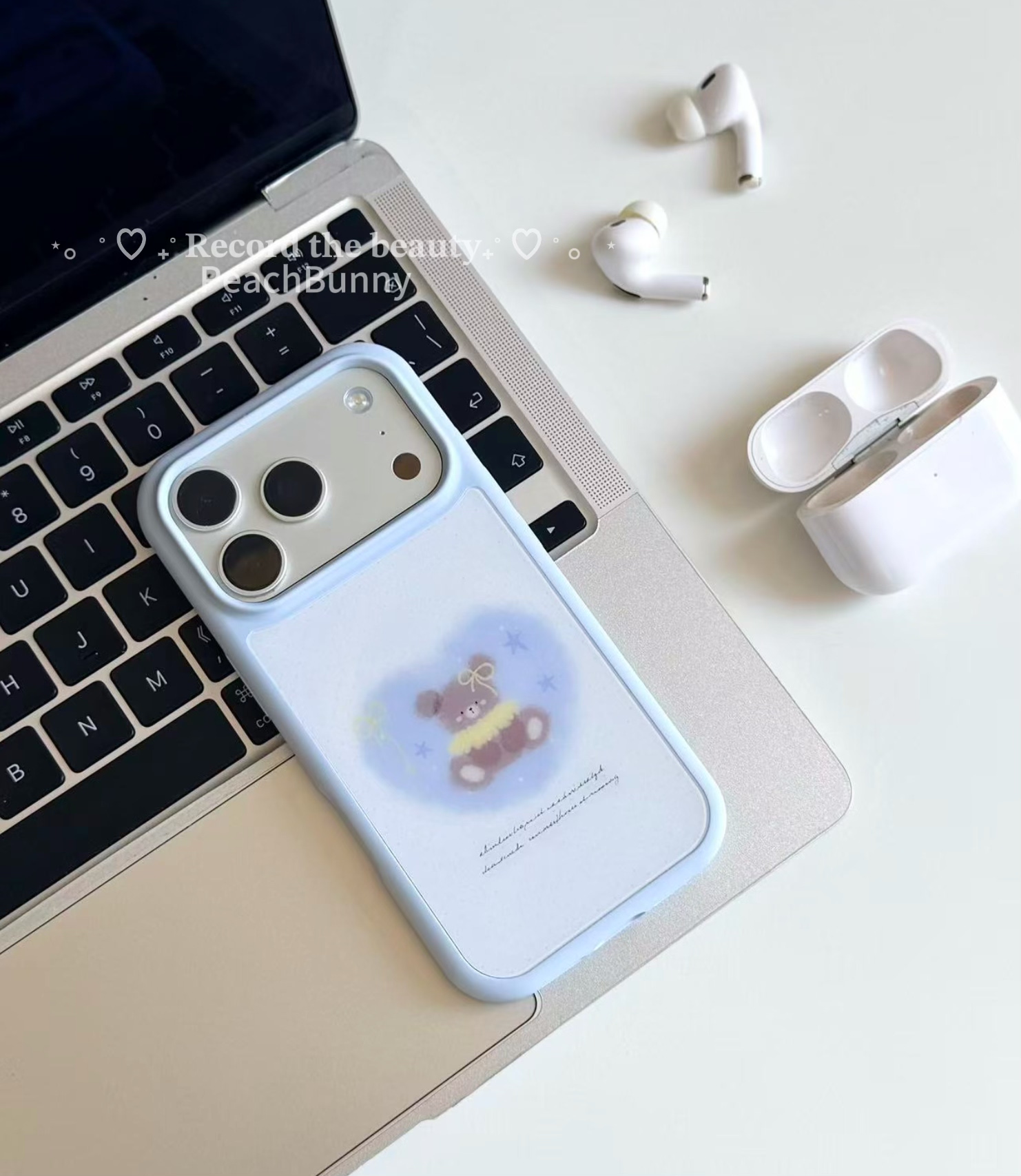 PeachBunny小熊啵啵原创蓝色波点小熊少女风可爱液态硅胶磁吸手感砂包相机键苹果手机壳