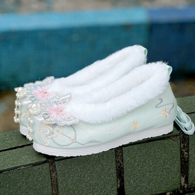 冬季古风汉服棉鞋子女绣花内增高明制古装加绒加厚靴子汉元素国风