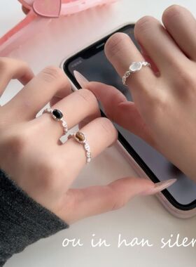 白玉髓黑玛瑙猪鼻子镂空戒指纯银