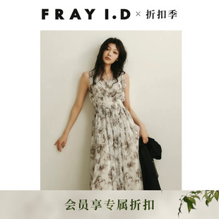 FRAY I.D2026早秋新品优雅时尚印花V领无袖收腰连衣裙FWFO264013