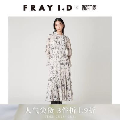 FRAY I.D2025秋冬新品蝴蝶结系带印花收腰百褶连衣裙FWFO255079