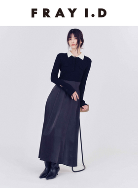 FRAY I.D2025秋冬新品优雅时尚翻领针织拼接修身连衣裙FWNO254162