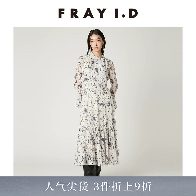 FRAY I.D秋冬蝴蝶结系带印花收腰百褶连衣裙FWFO255079