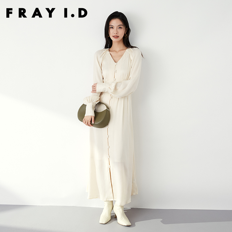 FRAY I.D2023秋冬新品优雅V领缎面系带收腰鱼尾连衣裙FWFO234110