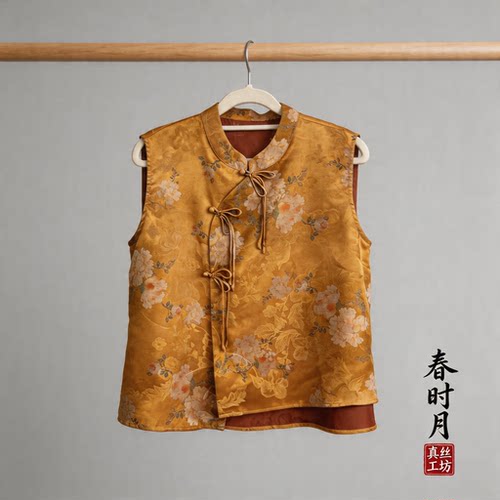 【夏款衣裙】100%桑蚕丝香云纱花罗奥黛真丝A字版马甲背心新中式