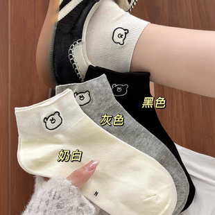 薄款 可爱刺绣小熊袜子女士夏季 透气短袜纯棉无骨ins潮日系短筒袜