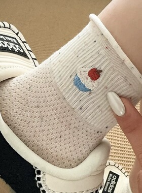 卷边袜子女短袜网眼纯棉无骨袜2026春夏款透气可爱刺绣小狗中筒袜
