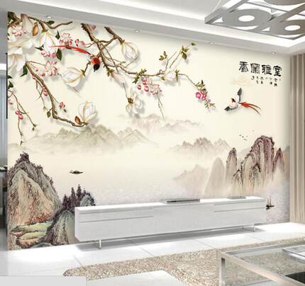 5D雅舍兰香壁画客厅背景墙壁纸无缝3D墙纸现代中式定制墙布山水画