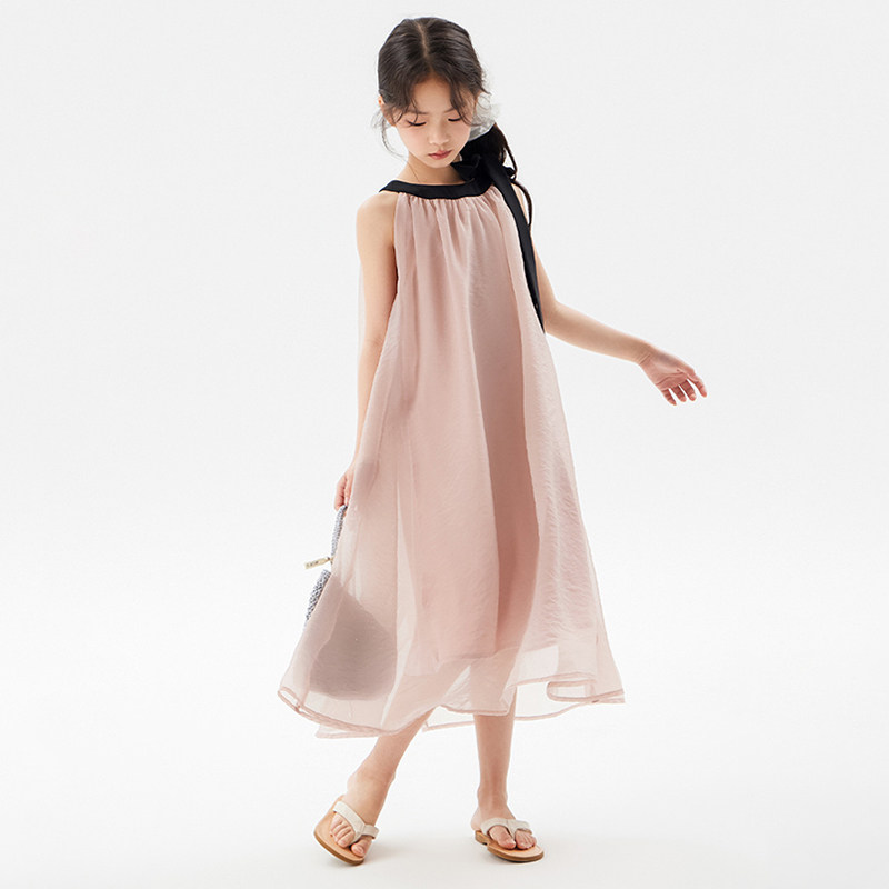 女童挂脖蝴蝶结连衣裙2025夏连衣裙
