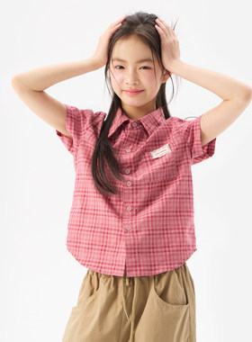 设计感小众格子短袖衬衫女童夏季2026新款短款儿童衬衣中大童上衣