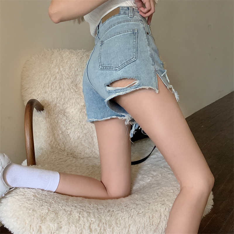 Real price 21 summer new high waist versatile show thin wide leg raw edge split denim shorts