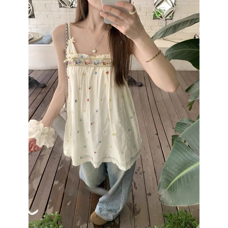 kumikumi重工彩色刺绣吊带背心女夏季设计感减龄宽松无袖短款上衣