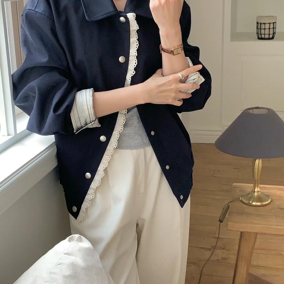 韩国onemone东大门2025秋季新款蕾丝花边翻领夹克外套