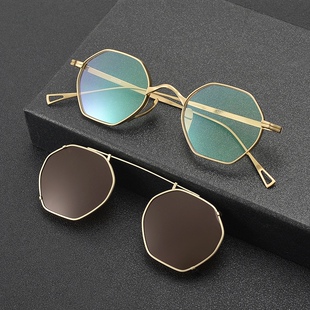 新款复古纯钛偏光太阳镜夹片万年款龟多边形不规则配近视墨镜镜框