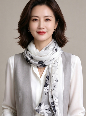 2026秋冬印花方巾女百搭纱巾披肩长丝巾两用围巾拼接丝巾黑白色