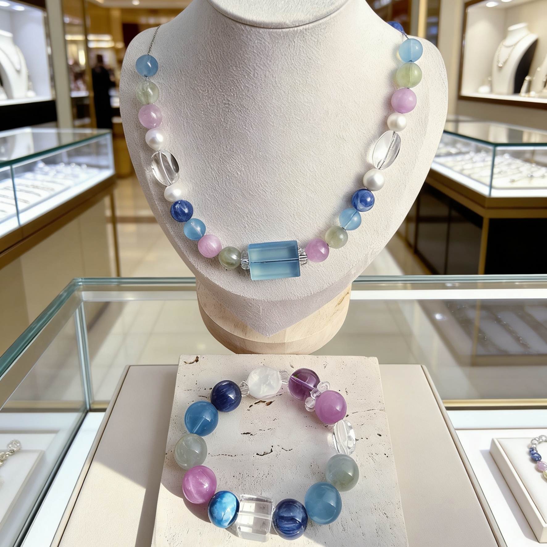 Long高定 孤品莫奈睡莲海蓝宝蓝晶石紫锂灰百搭项链手串首饰套装