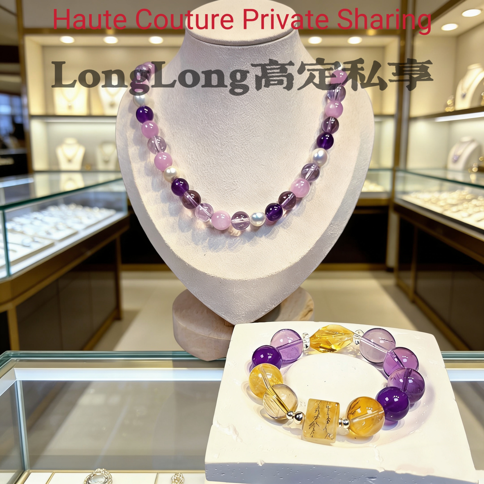 Long高定孤品 紫锂辉天然淡水珍珠百搭紫水晶项链手串首饰套装