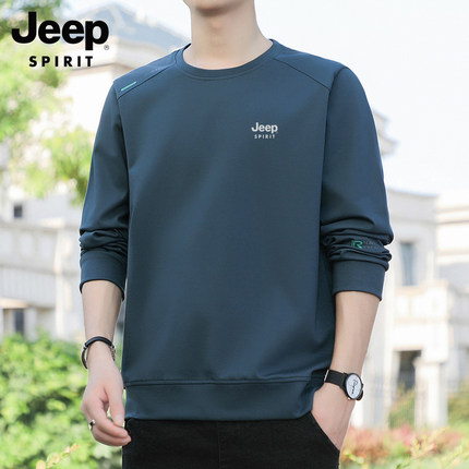 JEEP男士卫衣新款2025春秋季圆领加绒加厚透气长袖t恤纯棉打底衫