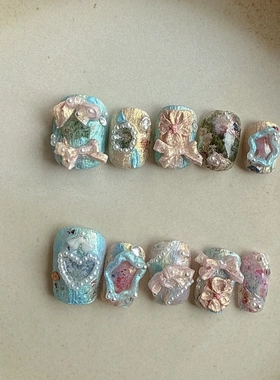 B0006~轻奢复古油画宫廷艺术感马卡龙撞色高级个性短款手工穿戴甲