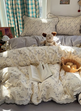 ins公主风纯棉四件套全棉花边款法式床单被套韩版床上宿舍三件套