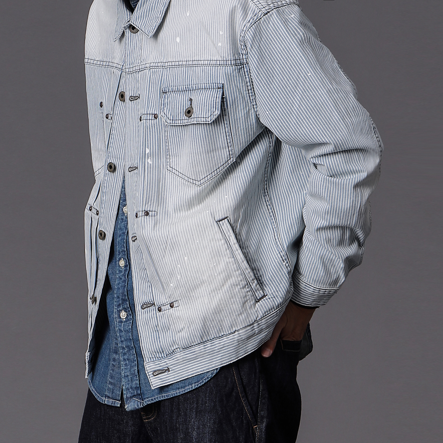 复古条纹牛仔夹克外套休闲上衣男