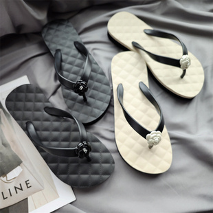 淑女增高凉拖 高档小香风5字山茶花厚底夹趾人字拖外穿休闲沙滩鞋