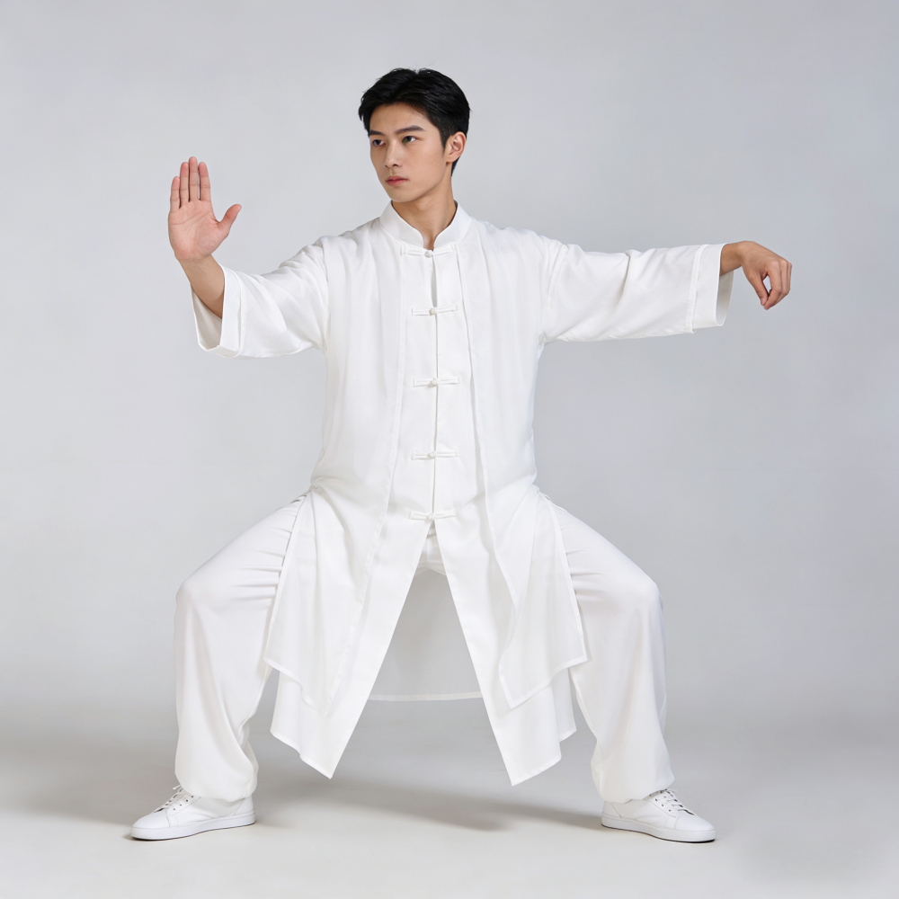 男士白色对襟飘逸练功太极服春秋