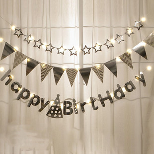 ins韩系烫金字母三角拉旗金色银色连体happybirthday儿童生日装饰